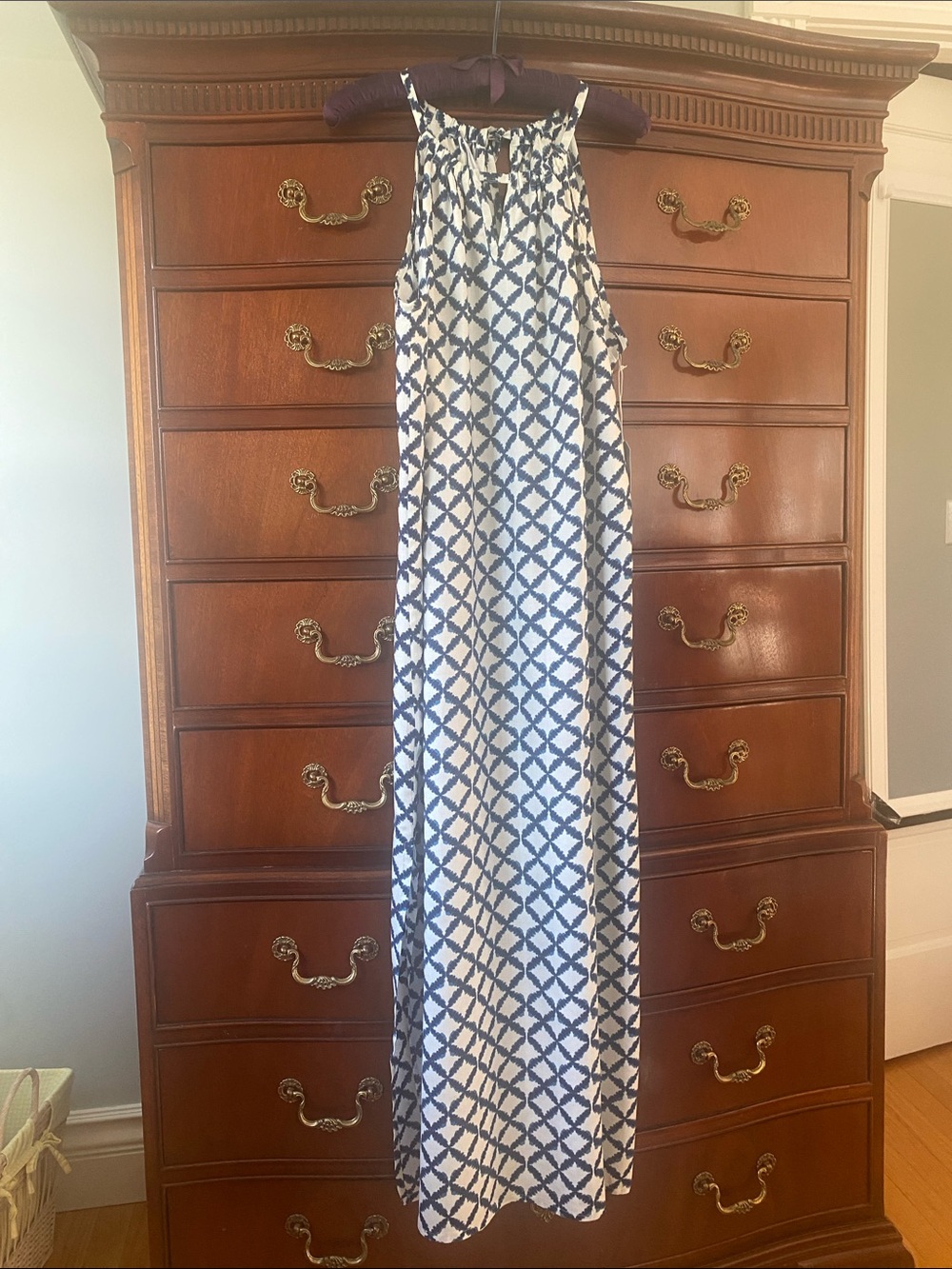 Sleeveless White Maxi Dress with Blue Lattice Print NWT